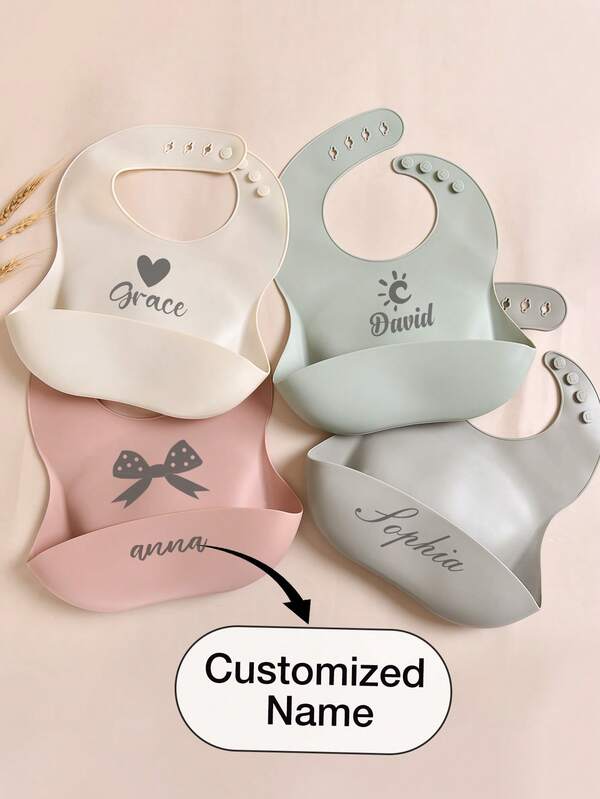 1pc Customized Baby Bib,Silicone Adjustable Waterproof Bibs, Soft And Reusable, Suitable For Baby Boys And Girls, Personalized Gift, All Seasons,Multi-Functional,Ornamental,Letter,Stylish,Modern,Colorful,Cute,Adorable,Casual,Custom,Personalised,Unique,Customized,Ideal Gifts For Him,Ideal Gifts For Her,Street Casual Chic