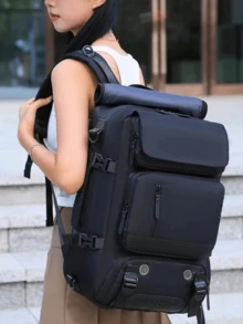 Large Multifunctional Travel Backpack, Waterproof, With Nylon Strap And USB. - 黑色 - 查看 1