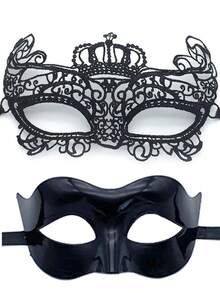2 件黑色蕾丝和塑料情侣化妆舞会面具，适合男女参加化妆舞会、派对万圣节