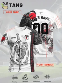 Camiseta de fútbol personalizada para hombres con diseño de espada samurái, personalizada con nombre y número, cómoda sudadera de cuello redondo adecuada para entrenamiento de fútbol, uso casual, regalo, ropa de verano, gimnasio, yoga - Blanco y Negro - Ver 2