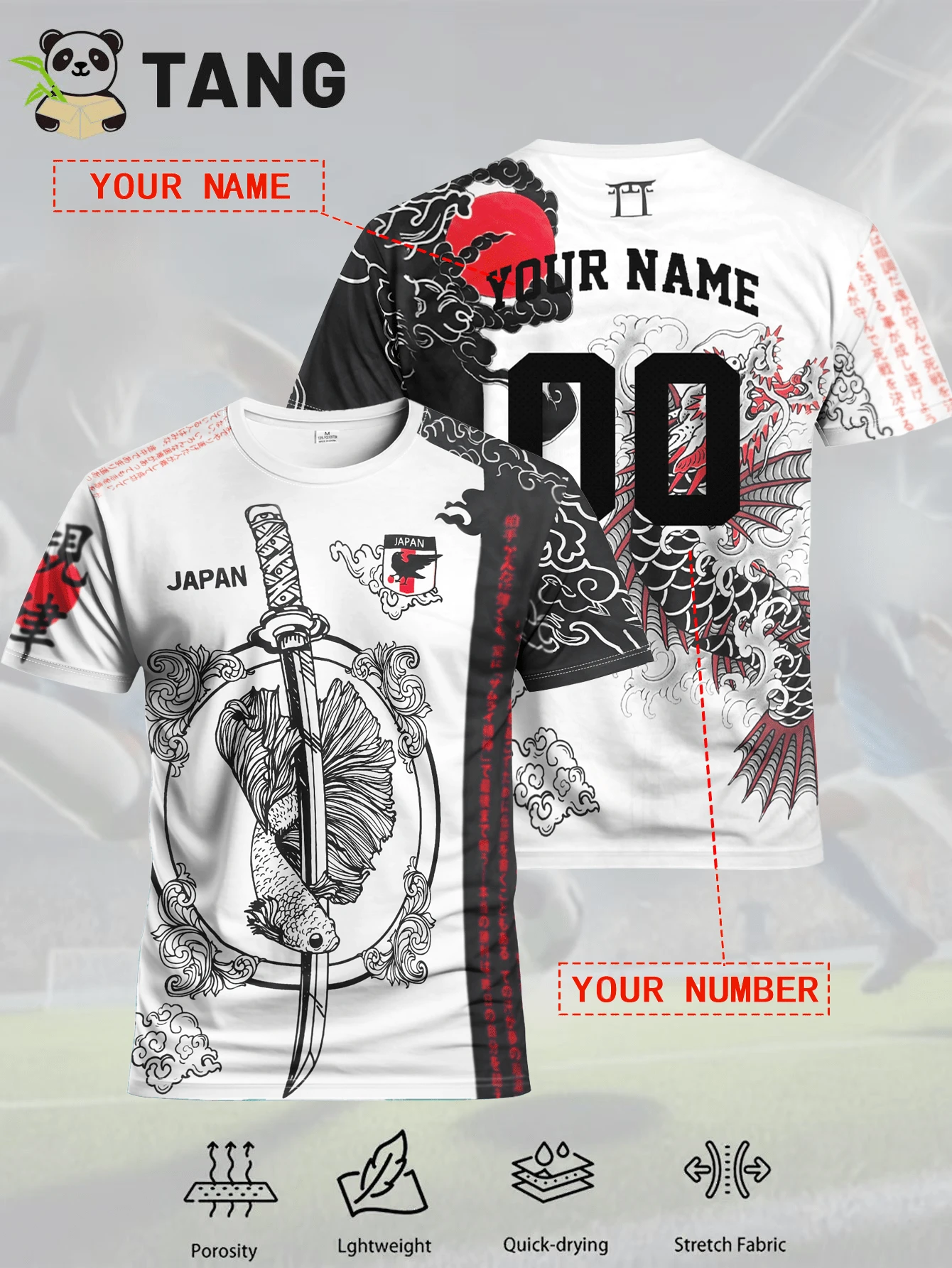 Camiseta de fútbol personalizada para hombres con diseño de espada samurái, personalizada con nombre y número, cómoda sudadera de cuello redondo adecuada para entrenamiento de fútbol, uso casual, regalo, ropa de verano, gimnasio, yoga