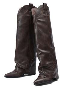 Fashion Women's Slouchy Boots Ruched Wide Calf Rivets Decors Pull On Tall Booties Party Dressy Occasions Knee High Boots - 棕色 - 查看 4