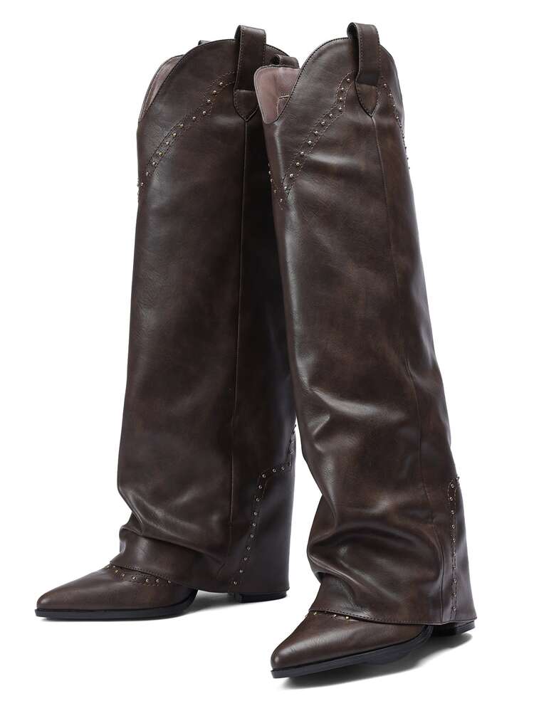 Fashion Women's Slouchy Boots Ruched Wide Calf Rivets Decors Pull On Tall Booties Party Dressy Occasions Knee High Boots - 棕色 - 查看 4