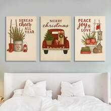 1/3pcs Holiday Christmas Interior Decoration Canvas Art, Optional Wooden Frame - "Merry Christmas", Vintage Car And Gift Design - Perfect For Home, Office Or Store Decoration - Christmas Decorations, Wall Decorations/Decorations