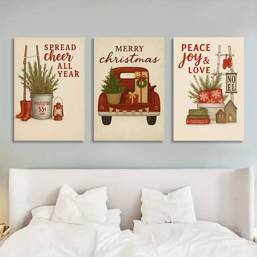1/3pcs Holiday Christmas Interior Decoration Canvas Art, Optional Wooden Frame - "Merry Christmas", Vintage Car And Gift Design - Perfect For Home, Office Or Store Decoration - Christmas Decorations, Wall Decorations/Decorations