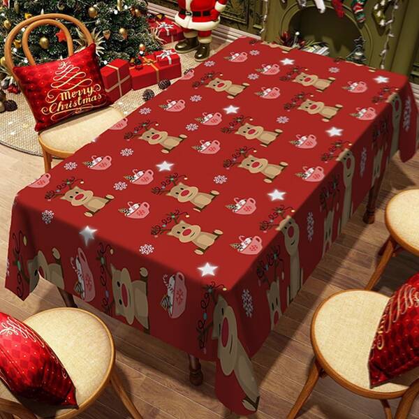 1/20개 크리스마스 식탁보, 빨간색 배경, 사슴과 눈송이 패턴 프린트 디자인 식탁보, 100% 폴리에스터, 사각형 축제 테이블 커버, 현대적이고 심플한 스타일, 기계 제작, 가정, 호텔, 레스토랑, 파티, 캠핑, 주방 장식에 적합
