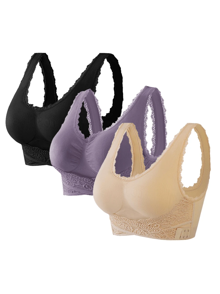 3PCS-The Front Cross Side Buckle Lace Bezel-Free Sports Bra Seamlessly Converging And Adjustable Yoga Sleep Plus-Size Underwear - 黑色+膚色+紫色 - 查看 1