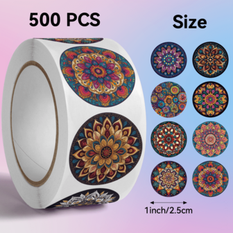 500 张/卷曼陀罗贴纸，2.5 厘米/1.0 英寸圆形，艺术设计，非常适合装饰水瓶、文具、书籍、玻璃罐、信封、笔记本、头盔、派对装饰、礼品等