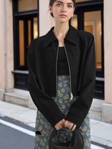 New Black Short Jacket For Women, Slim Fit, Minimalist, Versatile, Padded Shoulder Design, Short Cardigan - Black - View 2