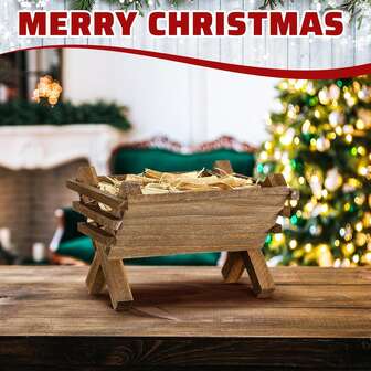 1PC Baby Jesus Manger Ornament, Wooden Manger Jesus Nativity Scene Decoration, Religious Christmas Decoration Mini Manger For Indoor Nativity Scene (Natural Hay Not Include)