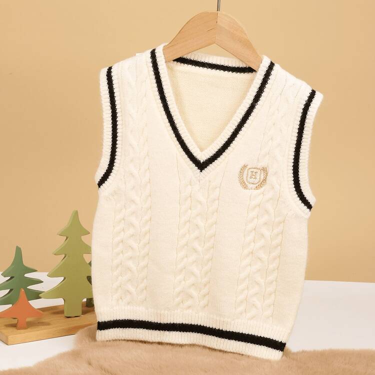 1 قطعة كنزة صوفية بدون أكمام للأطفال الرضع من الأولاد، مزينة بشعار ذهبي، كنزة صوفية كنزة جميلة للبنات الصغيرات، مناسبة للربيع والخريف - بيج - مشاهدة 11