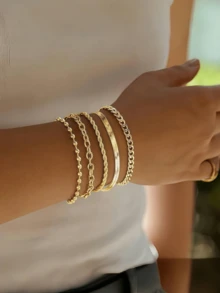 5 件 18K 镀金不锈钢女士手链套装，包括马衔铁链、编织链、回形针链、扁平蛇形链、可叠戴金色手链，波西米亚风格，优雅珠宝 - 堆疊的手鍊 - 查看 3