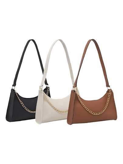 Kit 3 Bolsa Feminina Baguete Corrente Lisa Pequena de Ombro Balada de Mão Presente