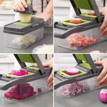Set di utensili da cucina multifunzionali 14-in-1, include tritatutto manuale per verdure, affettatrice per frutta, grattugia per alimenti, tritatutto per cipolle e grattugia per patate con contenitore, ottimo per grigliate e cottura all'aperto