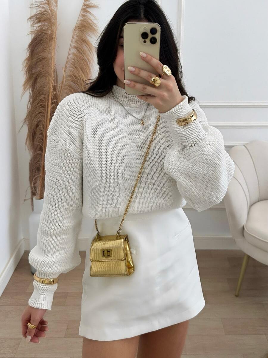 Women's Knitted Crop Top Puff Sleeve Knit Winter Long Sleeve Simple Knitted Fabric Knitted Knit Daily Night Autumn/Winter - trắng - Xem 1