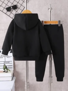 Set de 2 piezas Sudadera con capucha y pantalones de felpa con estampado gráfico informal para niño preadolescente, conjunto de otoño/invierno - Negro - Ver 4