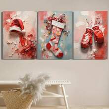 1/3 piezas Opcional Impresión en lienzo con marco de madera - Decoración navideña festiva con sombrero de Navidad, calcetines y guantes, obra de arte con textura rosa y roja, perfecta para oficina en casa o regalos navideños, decoración navideña, perfecta para decoración de habitación - Multicolor - Ver 1