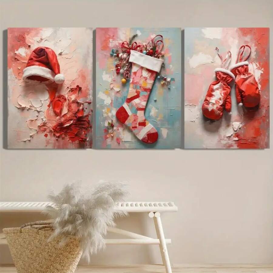 1/3 piezas Opcional Impresión en lienzo con marco de madera - Decoración navideña festiva con sombrero de Navidad, calcetines y guantes, obra de arte con textura rosa y roja, perfecta para oficina en casa o regalos navideños, decoración navideña, perfecta para decoración de habitación - Multicolor - Ver 1