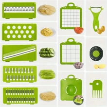 Set di utensili da cucina multifunzionali 14-in-1, include tritatutto manuale per verdure, affettatrice per frutta, grattugia per alimenti, tritatutto per cipolle e grattugia per patate con contenitore, ottimo per grigliate e cottura all'aperto