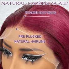 8-34 Inches Burgundy 99J Brazilian Long Straight Wigs 13x4 Lace Front Wig Wine Red Color Straight Wig Pre Plucked 200% Density Straight 13x4 HD Transparent Lace Frontal Glueless Wig Bralizian Virgin Hair Tiny Knots Natural Hairline With Baby Hair Halloween Wigs For Women