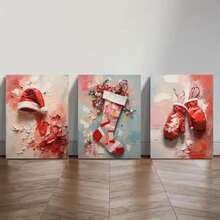 1/3 piezas Opcional Impresión en lienzo con marco de madera - Decoración navideña festiva con sombrero de Navidad, calcetines y guantes, obra de arte con textura rosa y roja, perfecta para oficina en casa o regalos navideños, decoración navideña, perfecta para decoración de habitación - Multicolor - Ver 2