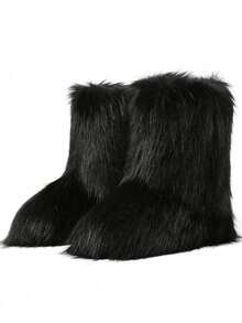 Women's Winter Furry Snow Boots For Women Fuzzy Fluffy Round Toe Suede Booties Flat Heel Slip On Outdoor Indoor Shoes EdgyElongate Fashion Warm Fluffy Christmas Shoes - 黑色 - 查看 10