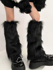 1 Pair Of Autumn And Winter Warm Socks, Knitted Socks, Sweet Girl Plush Leg Guards, Mid Length Boot Covers, Stacked Socks With Personalized, Thick And Warm Anti Cold Socks For Women - Black - View 3