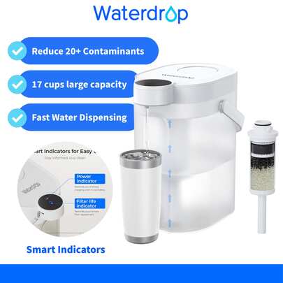 Waterdrop FreshTaste ä Electric Water Filter Jug, 4L Water Filter Dispenser For Refrigerator, Reduces Limescale, Chlorine, Lead, Copper, Cleans, White (Replacement Filter: WD-EWFS)