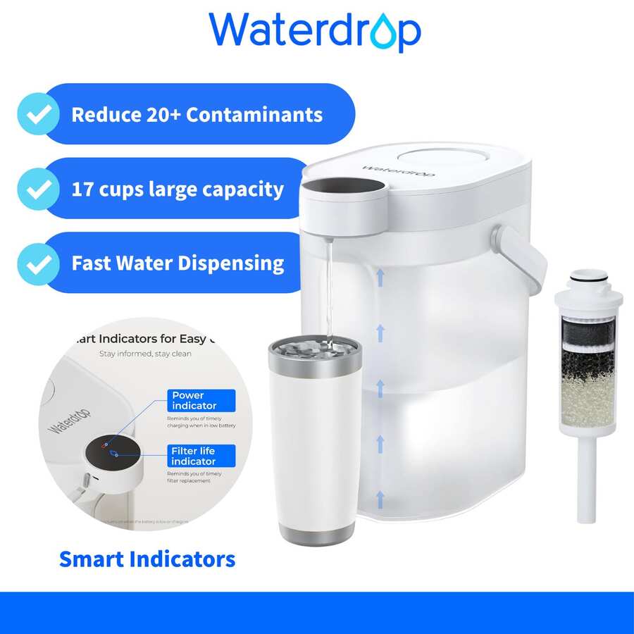 Waterdrop FreshTaste ä Electric Water Filter Jug, 4L Water Filter Dispenser For Refrigerator, Reduces Limescale, Chlorine, Lead, Copper, Cleans, White (Replacement Filter: WD-EWFS)