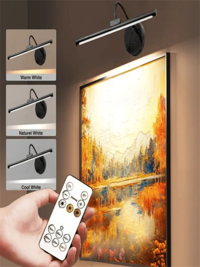 1PC Rechargeable Wireless Picture Light, LED Wall Light, Night Light, Cabinet Light, Wall Light, Kitchen Light, Staircase Light, Bathroom Light, Bathroom Light, USB Rechargeable Wall Light, Painting Light, Eye Friendly Bedroom Night Light, With Remote Control, 3-Color Temperature Adjustable, 360 ° Angle Adjustable, Suitable For Bedrooms, Offices, Dormitories, Living Rooms (1800mAh)