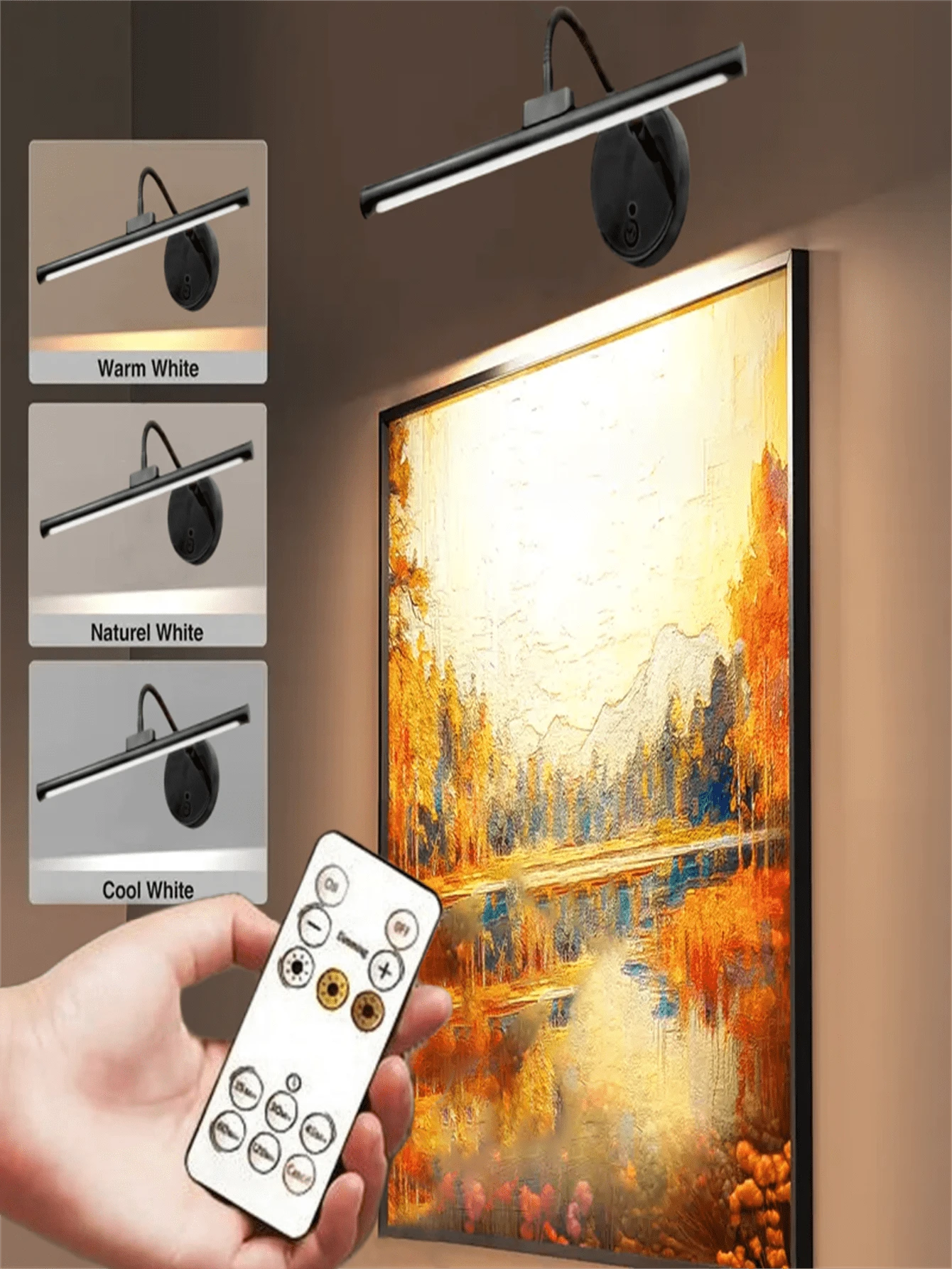 1PC Rechargeable Wireless Picture Light, LED Wall Light, Night Light, Cabinet Light, Wall Light, Kitchen Light, Staircase Light, Bathroom Light, Bathroom Light, USB Rechargeable Wall Light, Painting Light, Eye Friendly Bedroom Night Light, With Remote Control, 3-Color Temperature Adjustable, 360 ° Angle Adjustable, Suitable For Bedrooms, Offices, Dormitories, Living Rooms (1800mAh) - USB - View 1