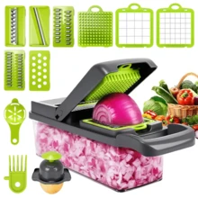 Set di utensili da cucina multifunzionali 14-in-1, include tritatutto manuale per verdure, affettatrice per frutta, grattugia per alimenti, tritatutto per cipolle e grattugia per patate con contenitore, ottimo per grigliate e cottura all'aperto