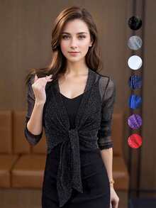 1pc Elegant Fashion Transparent Glittery Women Shawl, Tie Front 3/4 Sleeve Cropped Cover Up, Hollow-Out Breathable Shiny Shawl, Suitable For Bikini Cover-Up, Daily Wear Shawl, Wedding Party Little Black Dress Shawl - Multicolor - View 2