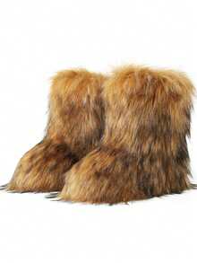 Women's Winter Furry Snow Boots For Women Fuzzy Fluffy Round Toe Suede Booties Flat Heel Slip On Outdoor Indoor Shoes EdgyElongate Fashion Warm Fluffy Christmas Shoes - 棕色 - 查看 2