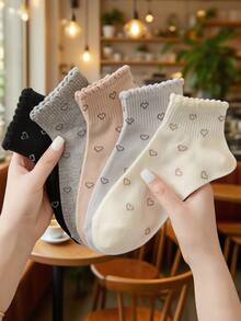 1/5 pares de calcetines cortos para mujer de diseños de moños y flores en blanco y rosa, que absorben la humedad y son cómodos hasta el tobillo, adecuados para uso diario y salidas, enviados al azar