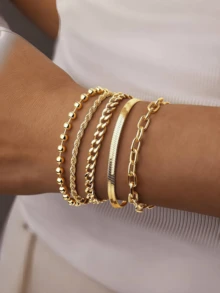 5 件 18K 镀金不锈钢女士手链套装，包括马衔铁链、编织链、回形针链、扁平蛇形链、可叠戴金色手链，波西米亚风格，优雅珠宝 - 堆疊的手鍊 - 查看 6