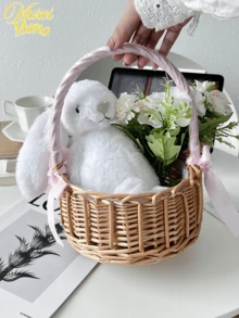 <不止装鲜花的篮子>，手工编织藤条蝴蝶结篮子，波西米亚婚礼摄影道具，海滩野餐装饰，夏日派对，户外新娘礼物，摄影配件 - 彩色 - 查看 5