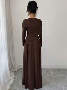 Women's Elegant Long Sleeve Dress With Ruched Waist And A-Line Silhouette, Coffee Color, Suitable For Spring, Summer, Autumn, Winter, Elegant, Everyday, Commute, Party, Date, Ramadan - Coffee - View 4
