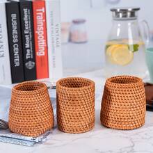 1pc Handmade Multi-Functional Pen Holder Made Of Rattan Material, Pen Holder Storage, Makeup Brush Storage, Desktop Decoration, Suitable For Desktop Office Classrooms, Birthday Gifts, Storage, Home Decor