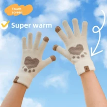 1 par de guantes de punto gruesos y cálidos con diseño de pata de gato, aptos para ciclismo y uso en pantallas táctiles