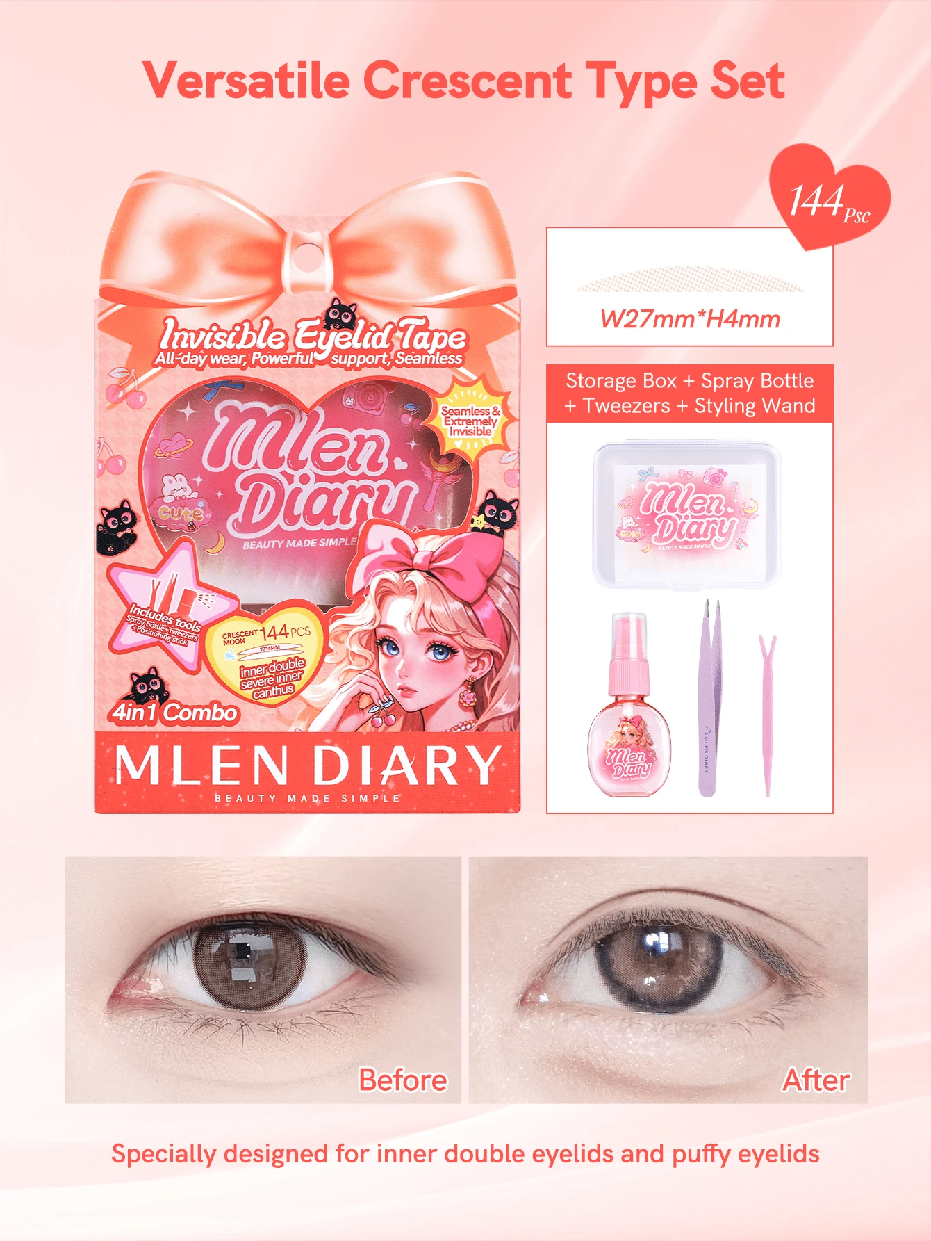 Mlen Diary Double Eyelid Tape , 144Pcs Large Crescent Shape Invisible Eyelid Tape With Tools, Waterproof Long-Lasting Eyelid Lifter Strips For Creating Double Eyelids In Drooping And Asymmetrical Eye Shapes,Cheap,Stocking Stuffers,Makeup,Makeup Tools,Cheap Stuff,Gifts,Gifts For Women,Christmas Gifts,Giveaways,Travel,Cheap Stuff,Travel Essential - 杏色 - 查看 1
