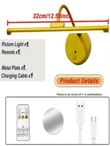 1PC Rechargeable Wireless Picture Light, LED Wall Light, Night Light, Cabinet Light, Wall Light, Kitchen Light, Staircase Light, Bathroom Light, Bathroom Light, USB Rechargeable Wall Light, Painting Light, Eye Friendly Bedroom Night Light, With Remote Control, 3-Color Temperature Adjustable, 360 ° Angle Adjustable, Suitable For Bedrooms, Offices, Dormitories, Living Rooms (1800mAh) - USB - View 4