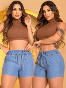 Women's High Waist Jean Shorts Without Lycra Elastic Drawstring Waistband Short Denim Casual Elegant - 淺色水洗藍 - 查看 4
