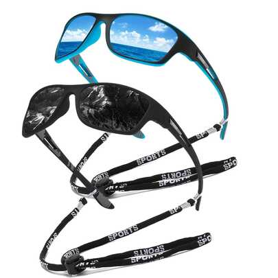2 piezas Gafas de moda deportivas polarizadas con correa deportiva desmontable, aptas para ciclismo, correr, pesca, escalada, esquí, motociclismo, conducción, senderismo, camping y otros deportes al aire libre. Gafas de moda deportiva de marca de diseñador de alta gama, en colores negro, azul hielo y verde.
