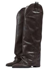 Fashion Women's Slouchy Boots Ruched Wide Calf Rivets Decors Pull On Tall Booties Party Dressy Occasions Knee High Boots - 棕色 - 查看 3