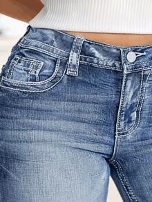 大码女式简约蓝色牛仔裤 - 高品质休闲裤，适合日常穿着 - 藍色 - 查看 6