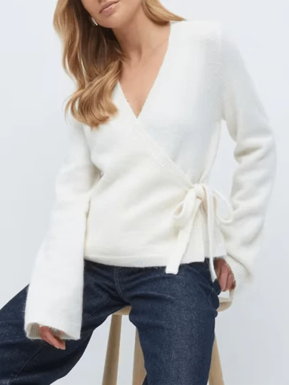 Women Wrap Tie Front Cardigan V Neck Slim Fitted Sweater Fall Winter Casual Knitwear Tops