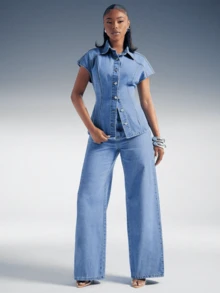 Denim Azul Jeans de Pierna Ancha con Cintura Alta y Cordón para Mujer Estilo Casual de Calle  Mezcla de Lyocell Cómoda, Ideal para el Uso Diario y Atuendos Elegantes` - Azul - Ver 4