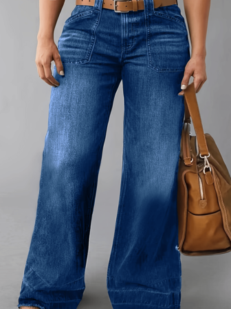 Plus Size Women's Dark Blue Distressed Denim Long Pants - Relaxed Fit