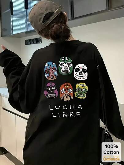 女士长袖棉质川剧脸谱印花T恤，宽松中长款，黑色，秋冬时尚